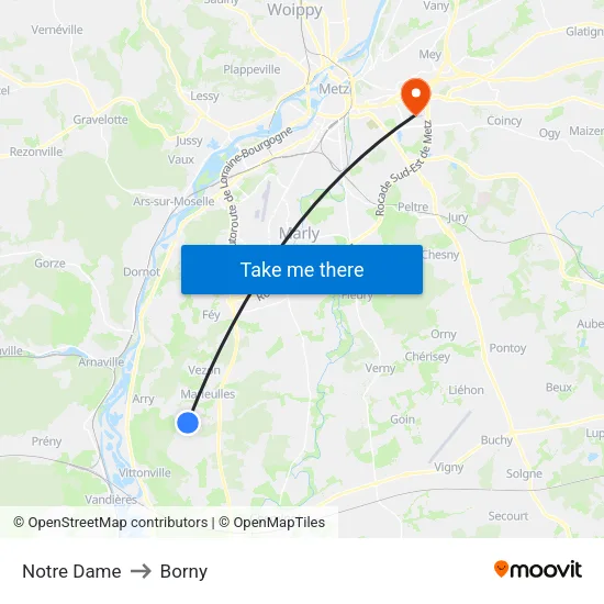 Notre Dame to Borny map