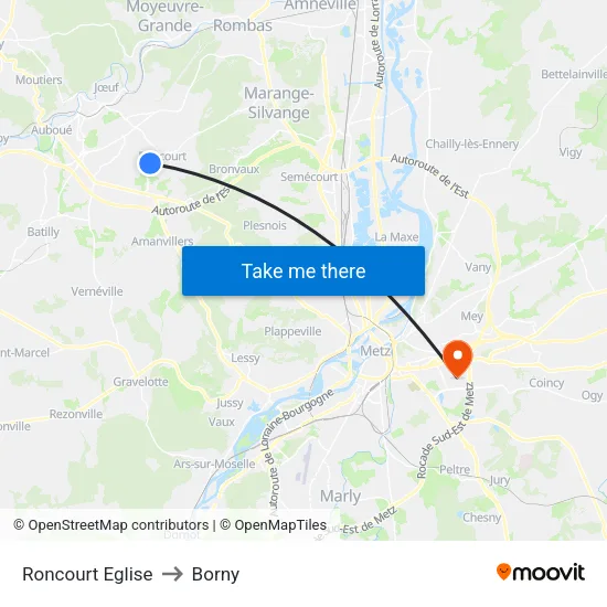 Roncourt Eglise to Borny map