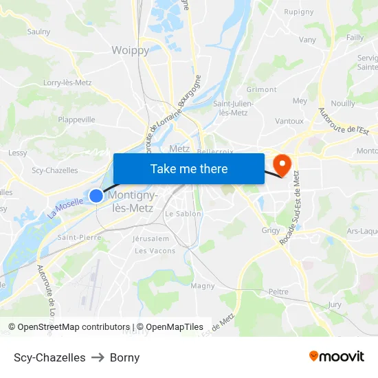 Scy-Chazelles to Borny map