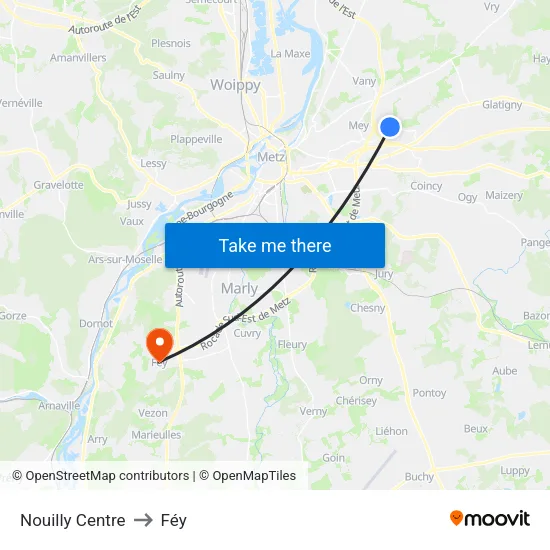 Nouilly Centre to Féy map