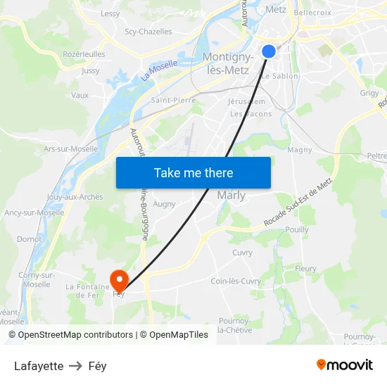 Lafayette to Féy map