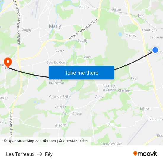 Les Tarreaux to Féy map