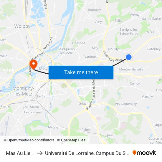 Mas Au Lievre to Université De Lorraine, Campus Du Saulcy map