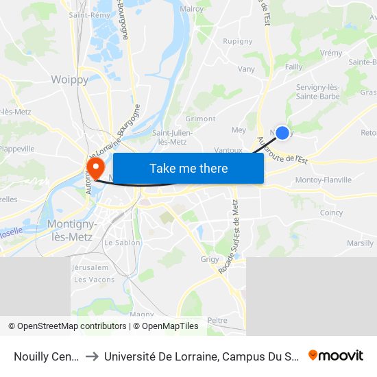 Nouilly Centre to Université De Lorraine, Campus Du Saulcy map