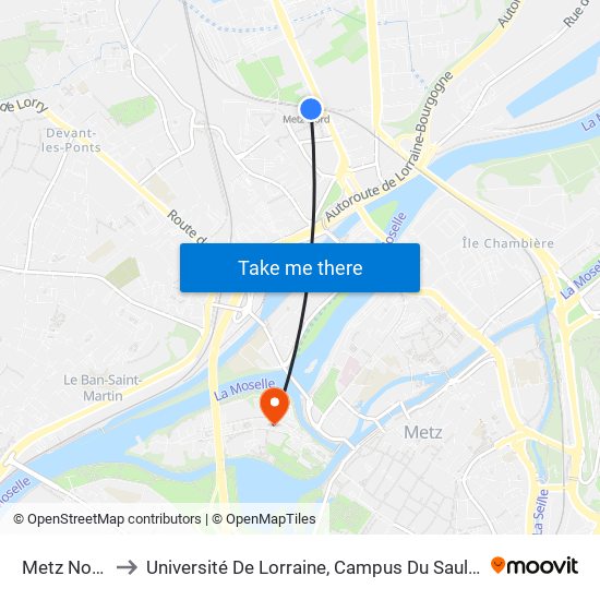 Metz Nord to Université De Lorraine, Campus Du Saulcy map