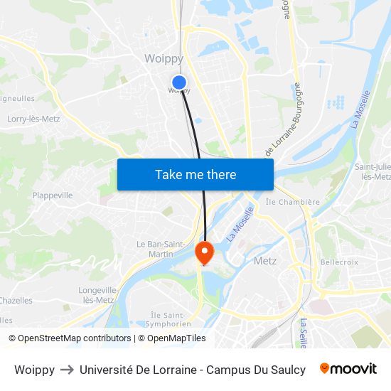 Woippy to Université De Lorraine - Campus Du Saulcy map