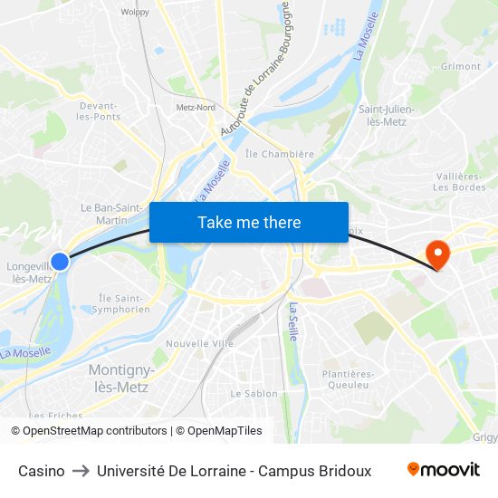 Casino to Université De Lorraine - Campus Bridoux map