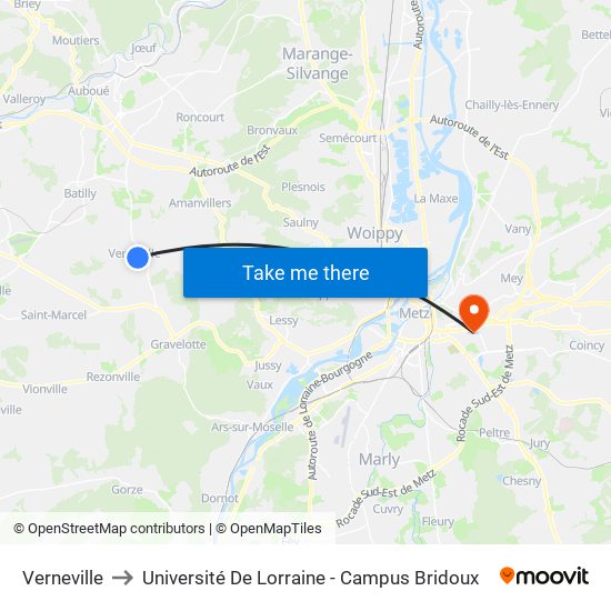 Verneville to Université De Lorraine - Campus Bridoux map