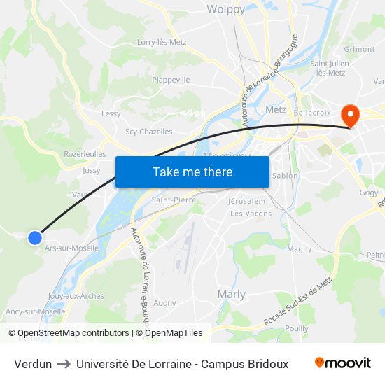 Verdun to Université De Lorraine - Campus Bridoux map