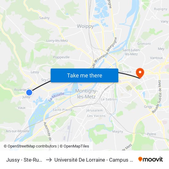 Jussy - Ste-Ruffine to Université De Lorraine - Campus Bridoux map