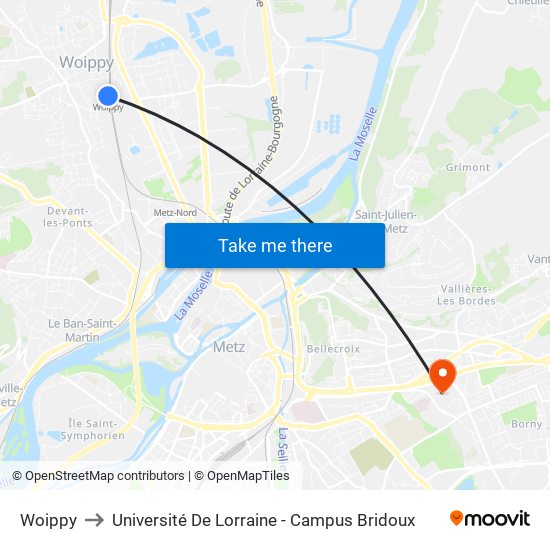 Woippy to Université De Lorraine - Campus Bridoux map