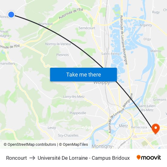 Roncourt to Université De Lorraine - Campus Bridoux map