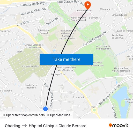 Oberling to Hôpital Clinique Claude Bernard map