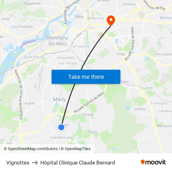 Vignottes to Hôpital Clinique Claude Bernard map