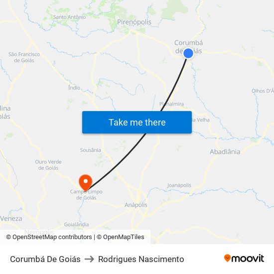 Corumbá De Goiás to Rodrigues Nascimento map