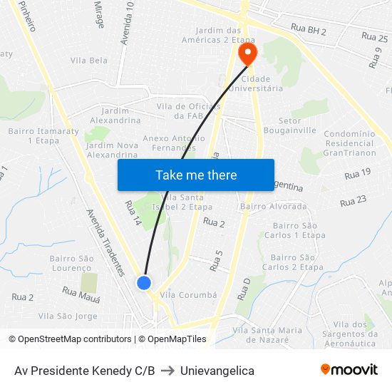 Av Presidente Kenedy C/B to Unievangelica map