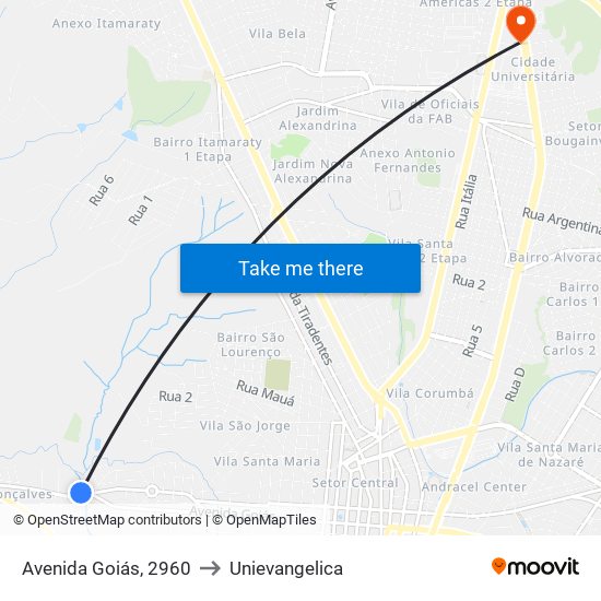 Avenida Goiás, 2960 to Unievangelica map