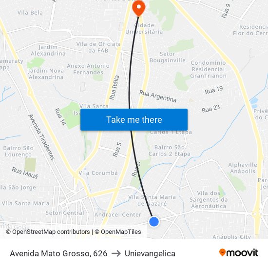 Avenida Mato Grosso, 626 to Unievangelica map