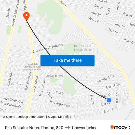 Rua Senador Nereu Ramos, 820 to Unievangelica map