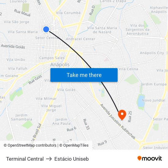 Terminal Central to Estácio Uniseb map