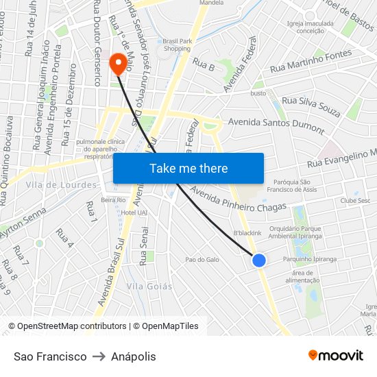 Sao Francisco to Anápolis map