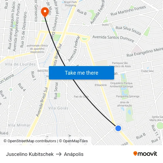 Juscelino Kubitschek to Anápolis map