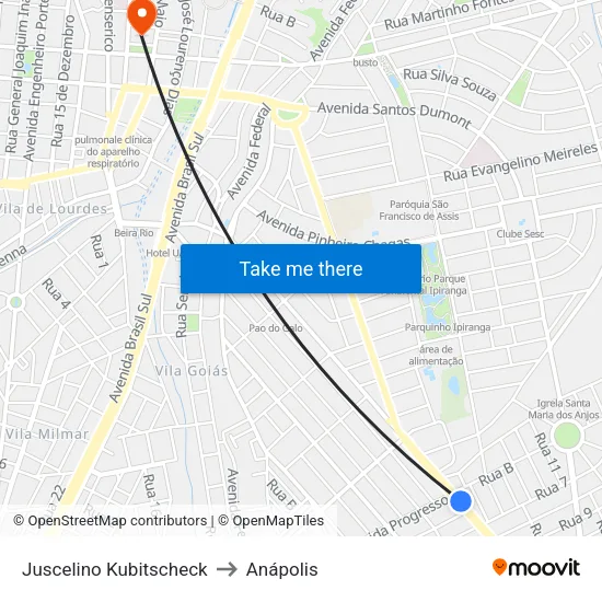 Juscelino Kubitscheck to Anápolis map