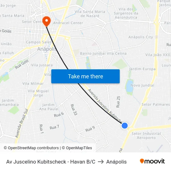 Av Juscelino Kubitscheck - Havan B/C to Anápolis map