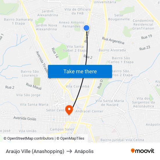 Araújo Ville (Anashopping) to Anápolis map