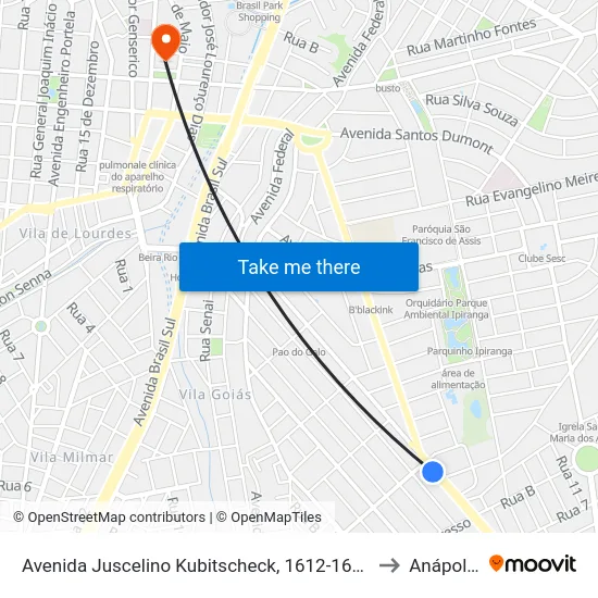 Avenida Juscelino Kubitscheck, 1612-1678 to Anápolis map