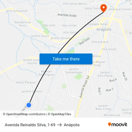 Avenida Reinaldo Silva, 1-69 to Anápolis map