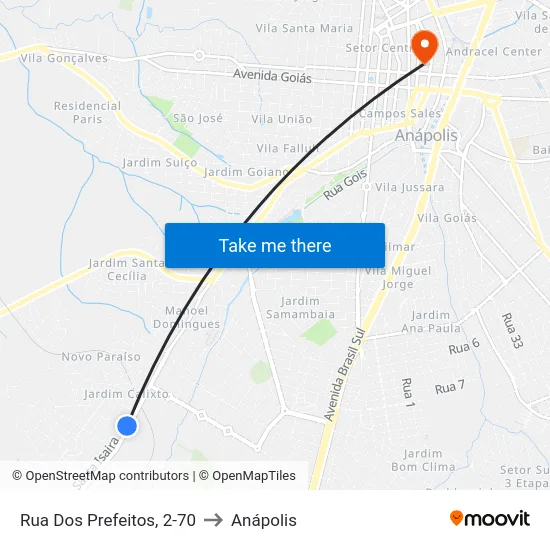 Rua Dos Prefeitos, 2-70 to Anápolis map