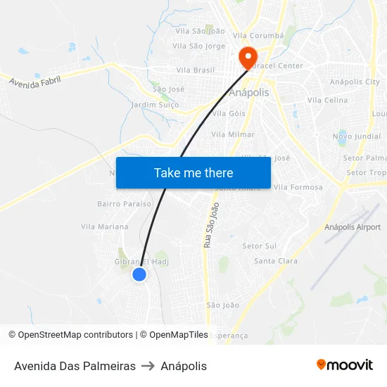 Avenida Das Palmeiras to Anápolis map
