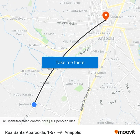 Rua Santa Aparecida, 1-67 to Anápolis map