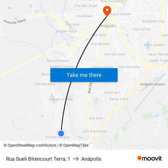 Rua Sueli Bitencourt Terra, 1 to Anápolis map