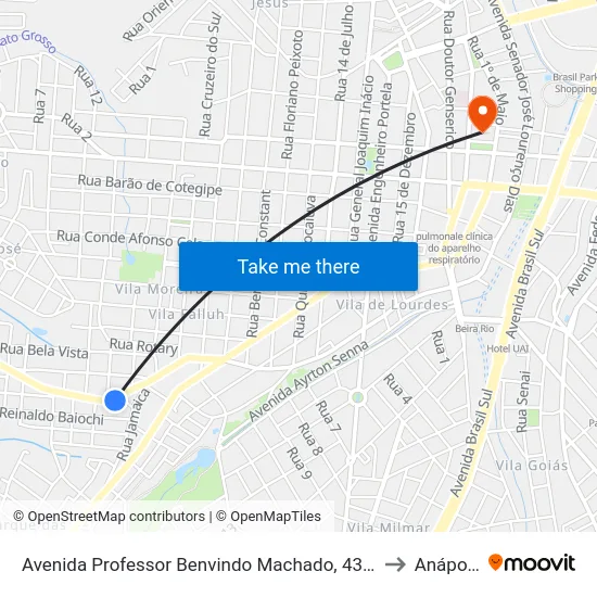 Avenida Professor Benvindo Machado, 433-503 to Anápolis map