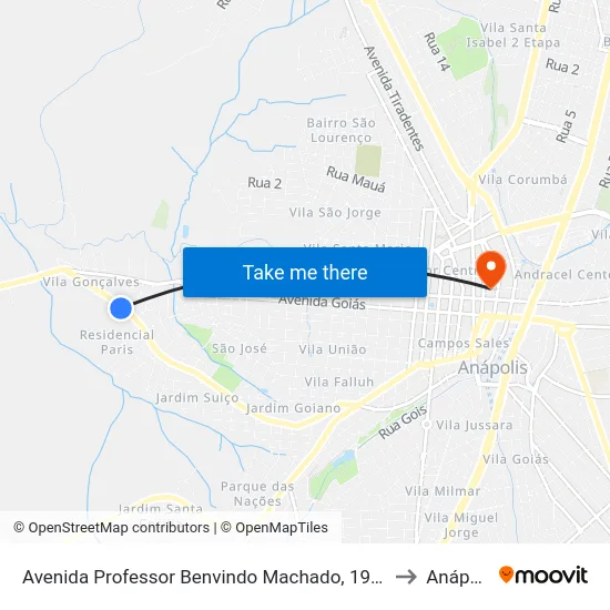 Avenida Professor Benvindo Machado, 1979-2097 to Anápolis map