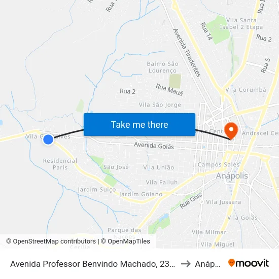 Avenida Professor Benvindo Machado, 2345-2481 to Anápolis map