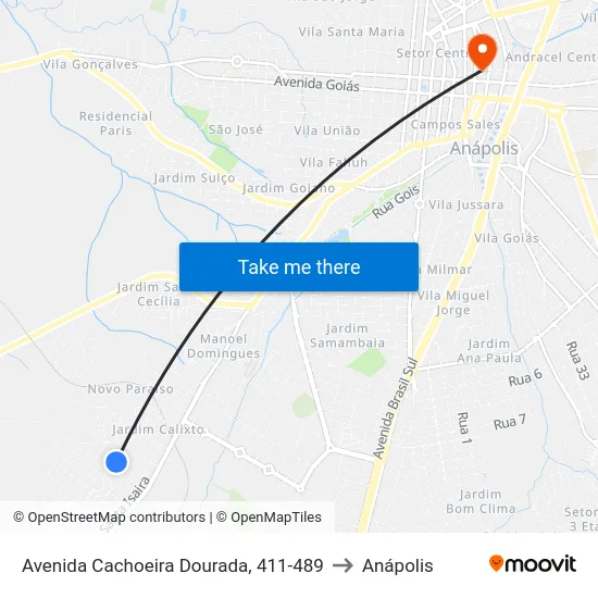 Avenida Cachoeira Dourada, 411-489 to Anápolis map