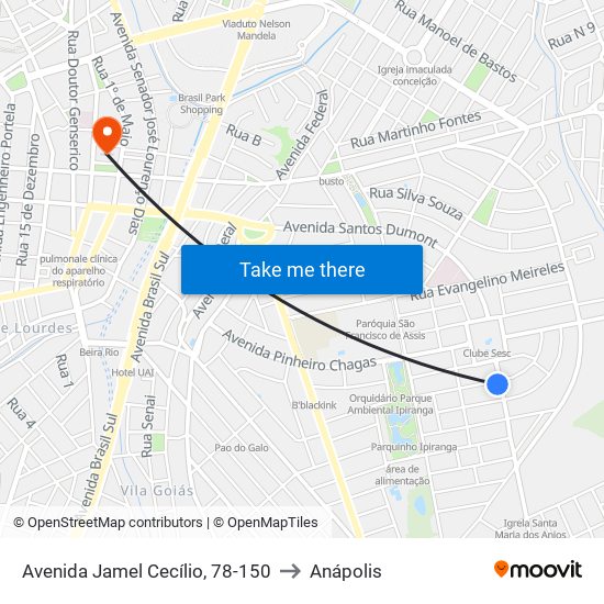 Avenida Jamel Cecílio, 78-150 to Anápolis map