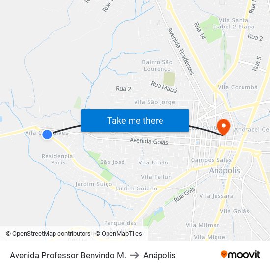 Avenida Professor Benvindo M. to Anápolis map