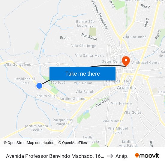 Avenida Professor Benvindo Machado, 1618-1710 to Anápolis map