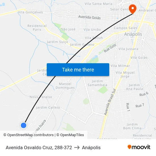 Avenida Osvaldo Cruz, 288-372 to Anápolis map