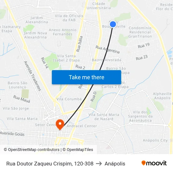 Rua Doutor Zaqueu Crispim, 120-308 to Anápolis map