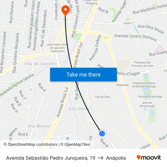 Avenida Sebastião Pedro Junqueira, 19 to Anápolis map