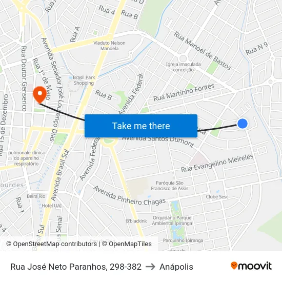 Rua José Neto Paranhos, 298-382 to Anápolis map