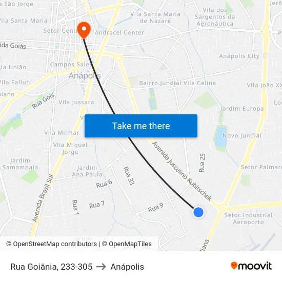 Rua Goiânia, 233-305 to Anápolis map