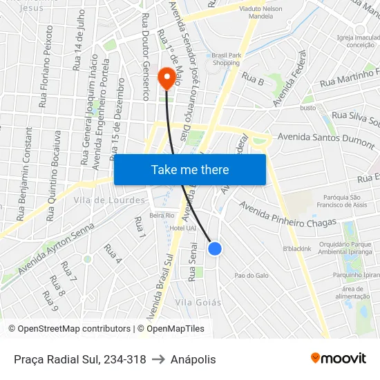 Praça Radial Sul, 234-318 to Anápolis map