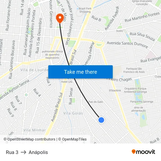 Rua 3 to Anápolis map