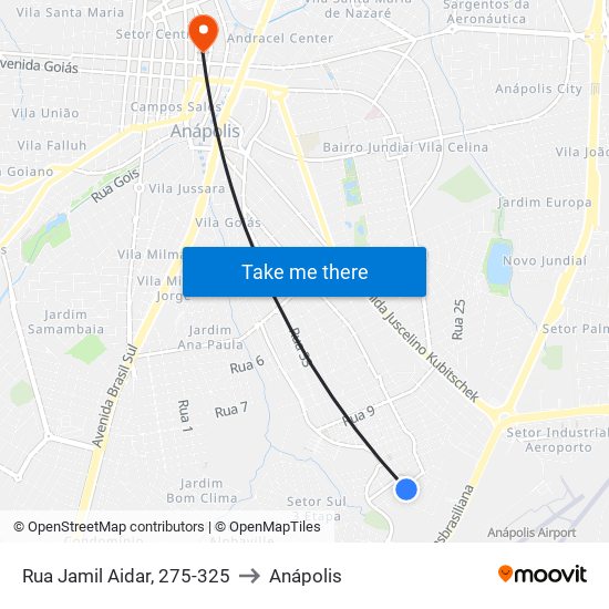 Rua Jamil Aidar, 275-325 to Anápolis map